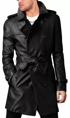 Introducing our Handmade Men Leather Trench Coat, a timeless and stylish addition to any man's wardrobe. Crafted with precision and care, this Mens Belted Long Leather Coat is designed to elevate your outerwear game. Made from high-quality, genuine Cowhide leather, this coat exudes luxury and durability. The soft cotton and silk mix fabric lining ensures utmost comfort and a smooth feel against your skin. This thoughtful detail adds an extra layer of luxury to your wearing experience, making it perfect for both casual outings and formal occasions. Featuring two side pockets, this leather trench coat offers ample storage space for your essentials, allowing you to keep your belongings close at hand. The belted waist adds a touch of sophistication and allows you to adjust the fit according to Leather Trench Coat Mens, Black Leather Trench Coat, Long Coat Men, Mens Leather Coats, Herren Style, Leather Coat Jacket, Black Leather Coat, Long Leather Coat, Trench Coat Men