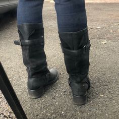 Good Condition Genuine Leather And Some Suede Black Leather Wide Calf Moto Boots, Black Leather Moto Boots With Low Heel, Motorcycle Boots, Moto Boots, Vera Wang, Motorcycles, Genuine Leather, Women Shoes, Boots