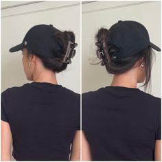 Hair Up With Baseball Hat, Cap And Hairstyle, Hats And Claw Clips, Hair Clip With Hat On, Baseball Cap Updo Hairstyles, Ball Cap And Claw Clip, Ways To Wear A Hat Baseball Caps, Women’s Hat Hairstyles, Hair Clip With Ball Cap