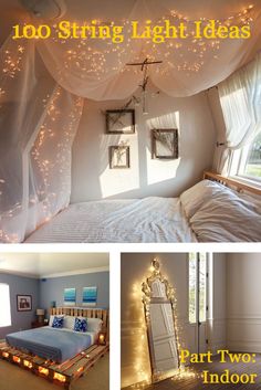 an image of a bedroom with lights on the ceiling and in the bed area,