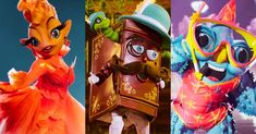 three different animated characters in costumes