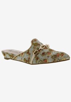 Slip into the FLUENT mule from Bellini® for an instant style boost. This classic mule shape upper with pointed toe and floral textile design adds some tailored style to this modern slip-on.Textile UpperPolyurethane LiningPolyurethane Outsole.25" Heel height | Wide Width Women's Fluent Mule by Bellini in Gold Floral Print (Size 7 W) Floral Textile, London Gifts, Slip On Mules, Slides Shoes, Bellini, Gold Floral, Mules Shoes, New Shoes, Textile Design