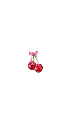 two cherries tied with pink ribbon against a white background