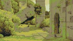 an image of a pixel art scene with trees and bushes