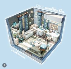 this is an image of a blue and white dollhouse with lots of furniture in it