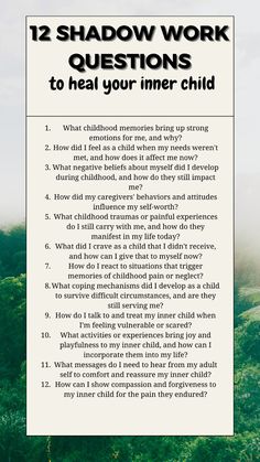 Dive deep into healing with our transformative shadow questions designed to nurture your inner child! 🌟 Explore the hidden wounds and tender emotions from your past and embark on a journey of self-compassion and healing. From uncovering childhood traumas to embracing your inner joy, these questions will guide you towards wholeness and emotional freedom. Pin now to begin your journey of inner child healing and reclaim your authentic self! Affirmations For Inner Child Healing, Healing From Traumatic Childhood, How To Heal From Childhood Traumas, How To Heal Your Inner Child, Childhood Questions, Healing Childhood Wounds, Shadow Questions, Reparenting Your Inner Child, Heal Inner Child