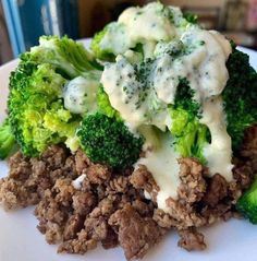 a white plate topped with meat and broccoli covered in gravy sauce