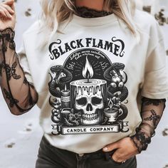 Punk Style Graphic Print Halloween Shirt, Black Halloween Top With Sublimation Print, Halloween Black Crew Neck Sublimation Design, Halloween Graphic Tee With Sublimation Print, Witch Png, Witchy Halloween T-shirt With Graphic Print, Black Flame, Design Jersey, Witch Candles