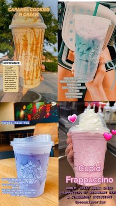 several pictures of different drinks in plastic cups with the names cupid frappuccino on them