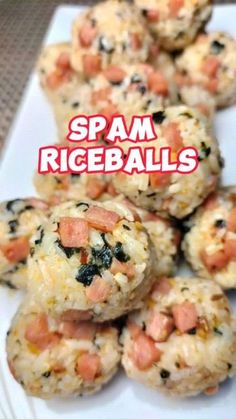 some food on a white plate with the words spam riceballs