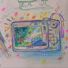 a drawing of a camera with colorful writing on it