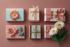 four wrapped gift boxes with bows and daisies in them on a pink surface next to a flower