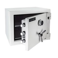 a white safe with two keys on the front and one key in the back that is open