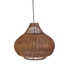 a brown wicker light hanging from a ceiling