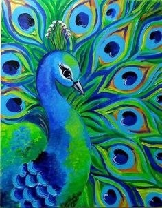 a painting of a blue and green peacock with lots of feathers on it's back