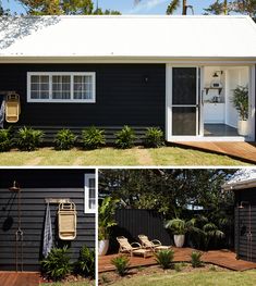 two pictures of a black house with white trim