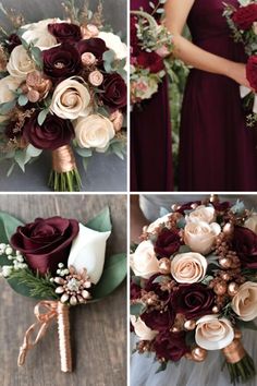 wedding bouquets and bridesmaids in burgundy, white, gold and green colors