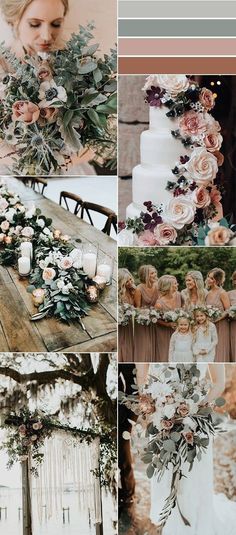 a collage of photos with flowers and greenery on them, including candles and cake