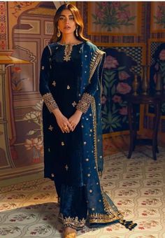 Velvet Pakistani Dress, Dress Designing Ideas, Velvet Suit Design, Dress Designing, Blue Organza, Velvet Dress Designs, Back The Blue, Designing Ideas, Gota Work