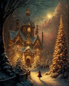 a painting of a woman walking down a snow covered road in front of a lit christmas tree