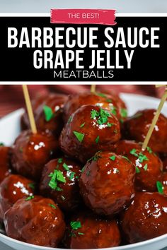 barbecue sauce grape jelly meatballs in a white bowl with toothpicks on top