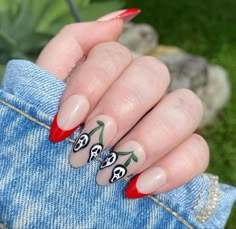 Cute Fall Manicure Ideas, Ghostface Cherry Nails, Halloween 2023 Nail Trends, Ghost Face Cherry Nails, Pumpkin Cherry Nails, Trendy Halloween Nails 2023, Cherry Skull Nails, Fall Fun Nails, Summer Ween Nails