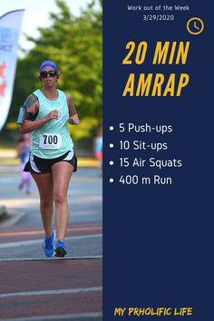 a woman running in a marathon with the words 20 min amrap