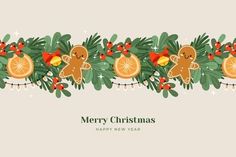 merry christmas card with gingers and oranges on the branches, decorated with holly leaves