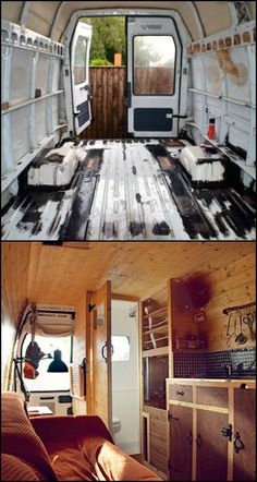 the inside of an rv with wood flooring and storage space in it, as well as pictures of other vehicles