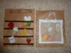 two bags with fruit and vegetables are on the floor next to each other, one is made out of paper