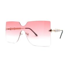 80s style oversize shield gradient lens sunglasses. This rimless design features monoblock color gradient lenses, a flat top. Extra luxe with unique jewel metal arms. Designed with a metal based frame, metal hinges, adjustable English style nose pieces, and 100% UV protected lenses. (a967) Size: 5 5/8" (142mm) W x 2 1/4" (57mm) H.  Color: Gold.  Gender: female.  Age Group: adult. Pink Rimless Shield Sunglasses With Gradient Lenses, Rimless Plastic Shield Sunglasses With Gradient Lenses, Rimless Shield Sunglasses With Gradient Lenses, Rectangular Shield Sunglasses With Gradient Lenses For Party, Rimless Glass Shield Sunglasses For Party, Style Oversize, Metal Hinges, 80s Style, Color Gradient