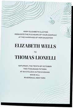 a white and black wedding card with waves on it