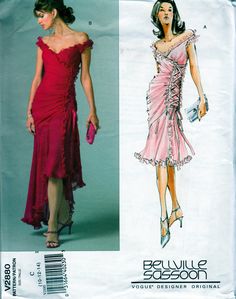 "Lined dress, flared, below mid-knee or floor length has ruffles (wrong side may show), close-fitting foundation with boning, laced left side panel and right side zipper.  B: shaped hemline. Pattern is uncut, factory folded, complete with instructions. The envelope has shelf wear.    Size 4-6-8 Bust: 29.5-30.5-31.5\" Waist: 22-23-24\" Hips: 31.5-32.5-33.5\" Size:16-18-20 Bust: 38-40-42\" Waist: 30-32-34\" Hips: 40-42-44\" Size 10-12-14 Bust:32.5-34-36\" Waist:25-26.5-28\" Hips:34.5-36-38\"" Bellville Sassoon, Evening Gown Pattern, Salsa Dress, Tango Dress, Argentine Tango, Gown Pattern, Vogue Sewing, Designer Evening Dresses, Vogue Sewing Patterns