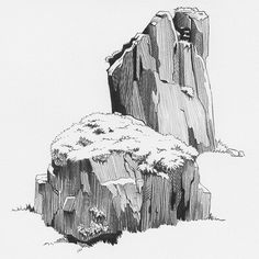 a black and white drawing of a rock formation with snow on the ground next to it