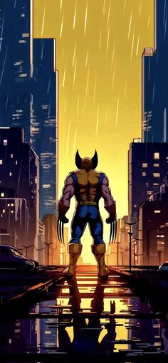 an image of wolverine in the rain with city lights behind him and water splashing on the ground