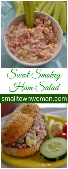 some food that is on a plate and in a bowl with the words sweet smokey tuna salad