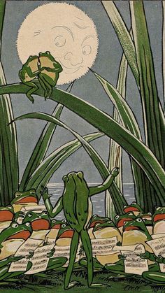 an illustration of a frog standing in front of stacks of papers and plants with the moon behind it