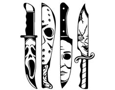 three different types of knifes with faces and knives in the shape of masks on them