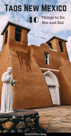 a statue is in front of a building with the words tacos new mexico on it