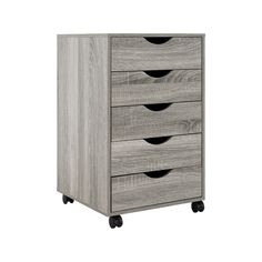 an image of a wooden drawer with four drawers on casteors in grey oak finish