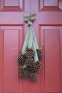 a pine cone wreath hangs on the front door