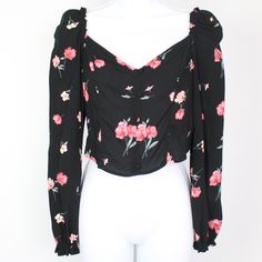 Nwt, Viscose Armpit To Armpit 15" Length 15" 553-0 Black Long Sleeve Top With Rose Print, Fitted Black Top With Rose Print, Sparkly Crop Tops, Tight Crop Top, Black Long Sleeve Crop Top, Graphic Crop Top, Flowers Color, Black And White Shorts, Wrap Crop Tops