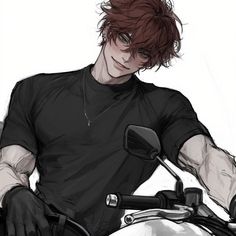 a man with red hair is sitting on a motorbike and has his hand on the handlebars