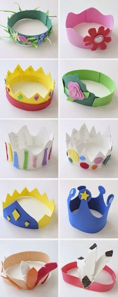 paper crowns made to look like they have flowers on them, and are all different colors