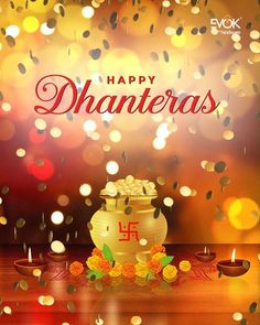 happy dhanteras greeting card with golden pot and flowers on wooden table in front of boket lights