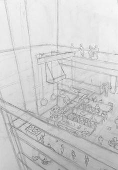 a drawing of a room with tables and couches in the center, as well as people walking around