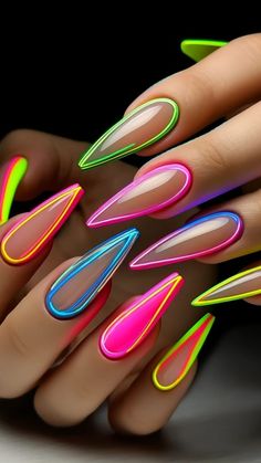 25 Summer Nails Almond (Your Next Manicure) – Stylish Hair Ideas Nails One Finger Different, Electric Nails Design, Vibrant Nails Almond, Nail Designs Trending Now 2024, Nail Ideas Art, Nail Design Colorful, Colorful Nail Ideas, Wild Nail Designs, Cute Nail Art Ideas