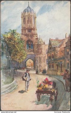 a painting of a person walking down a street with a horse and buggy in the foreground