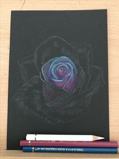 a drawing of a purple rose on a black paper next to two colored pencils