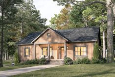 a small wooden house in the middle of some trees